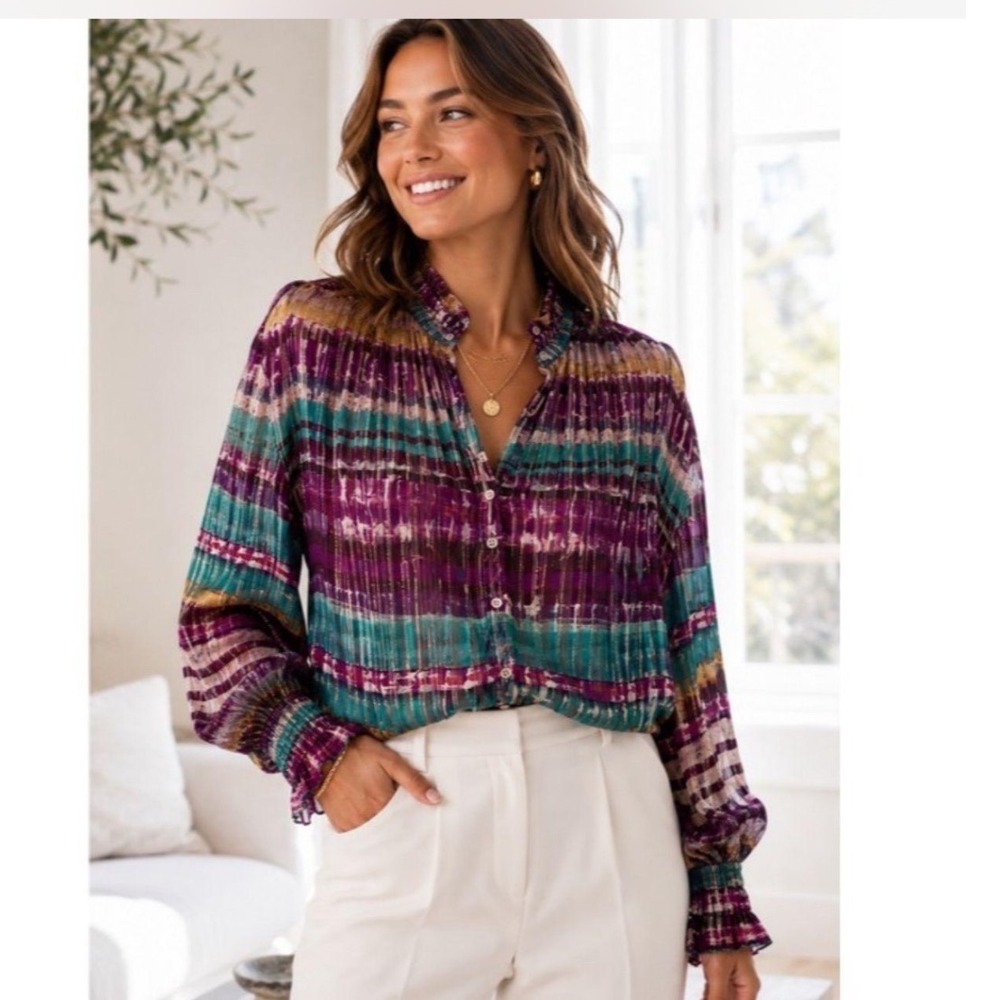 Ramy Brook Vance Blouse Small Purple Multi Metallic Lurex Pleated Mock Neck